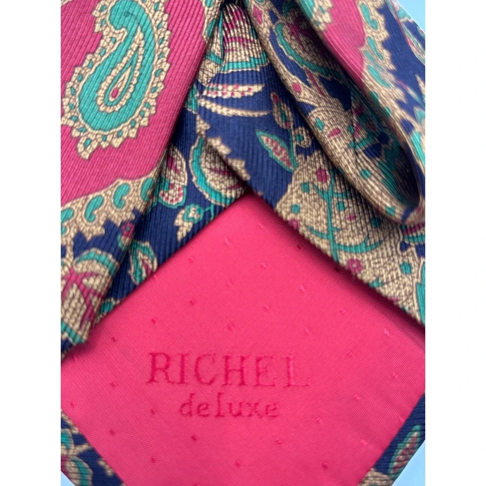 Richel Deluxe 100% Silk Paisley Necktie Navy Burgundy Teal Classic Luxury Tie